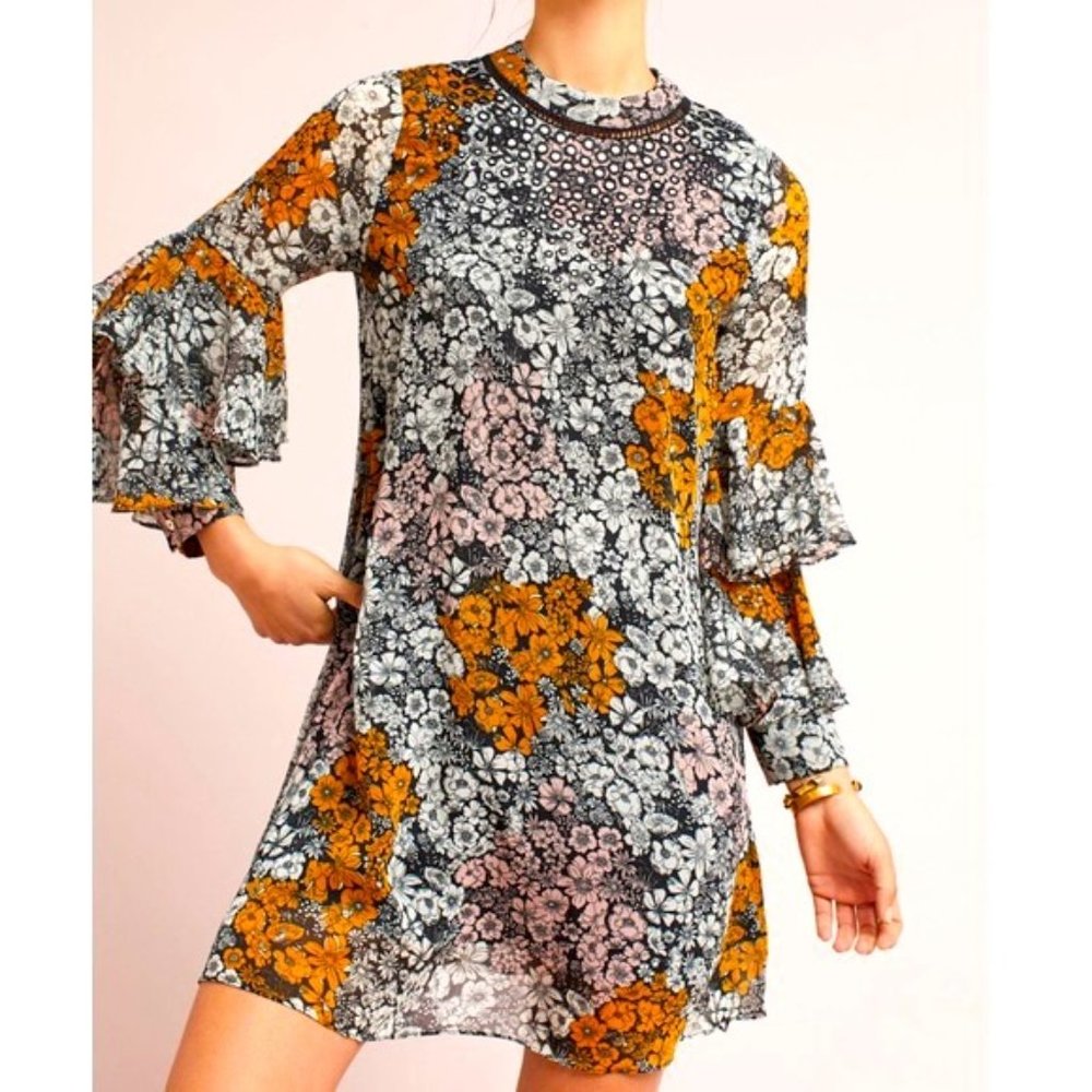 NWT-Ranna Gill Floral Mirror Flutter Sleeve Dress-Sz S